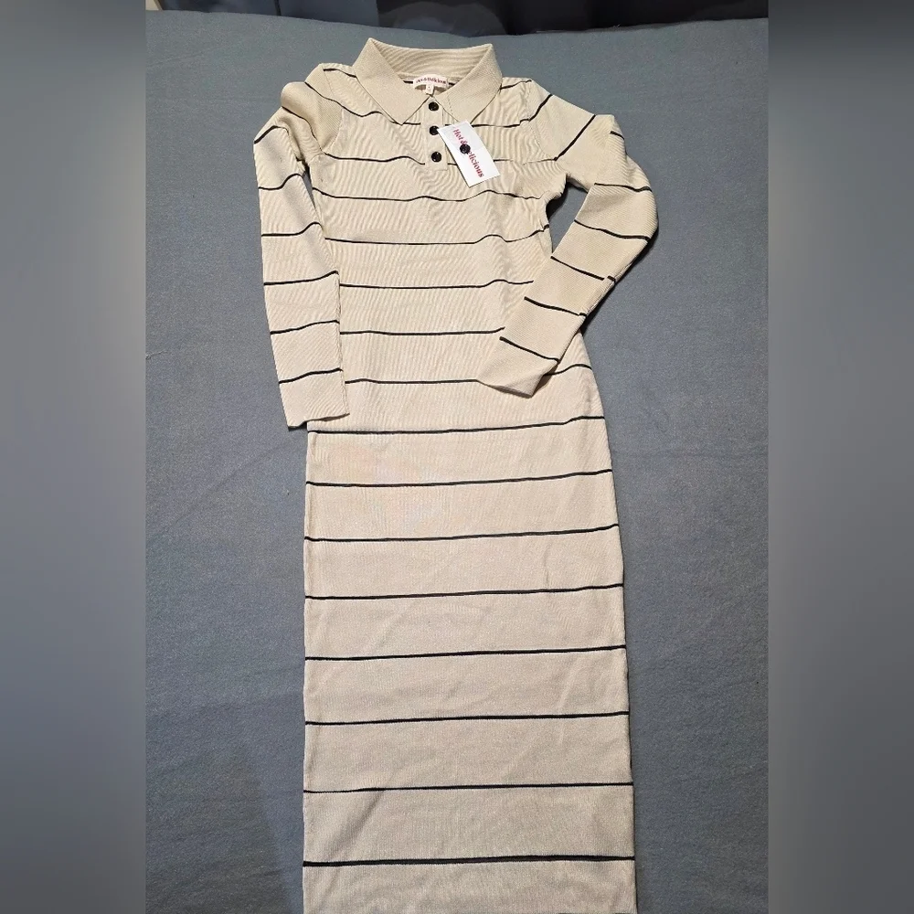 NWT Hot & Delicious Striped Cream Long Sleeve Collared Dress Large PTP 22 - Picture 7 of 10